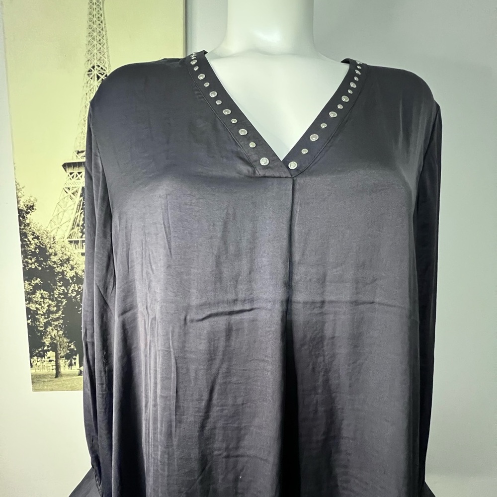 Carmen Marc Valvo Charcoal Blouse with Metallic Accents